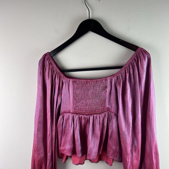 Altard State Top M Crop Balloon Sleeve Square Neck Smocked Iridescent Pink - Picture 8 of 8